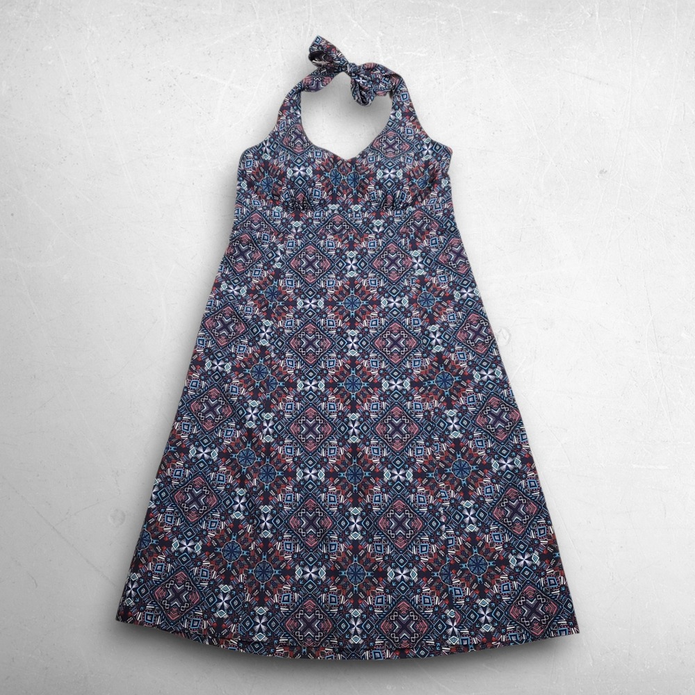 Krimson Klover Halter Dress M Blue Geometric Smocked Back Pockets Padded Chest